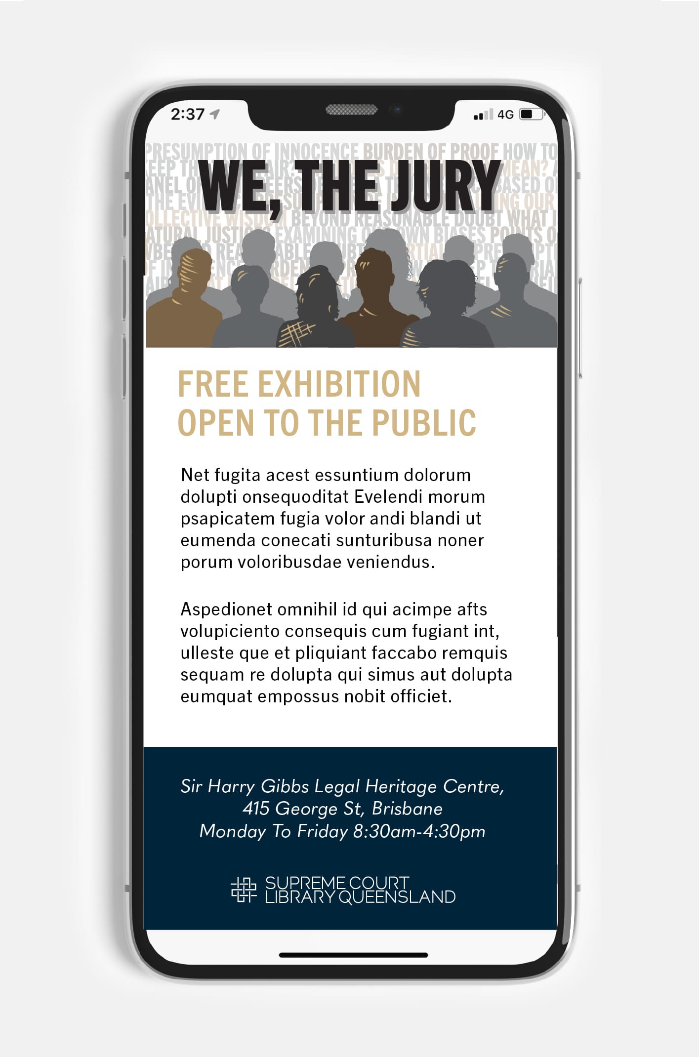 We, The Jury exhibition webpage mobile mockup on Supreme Court Library Queensland website