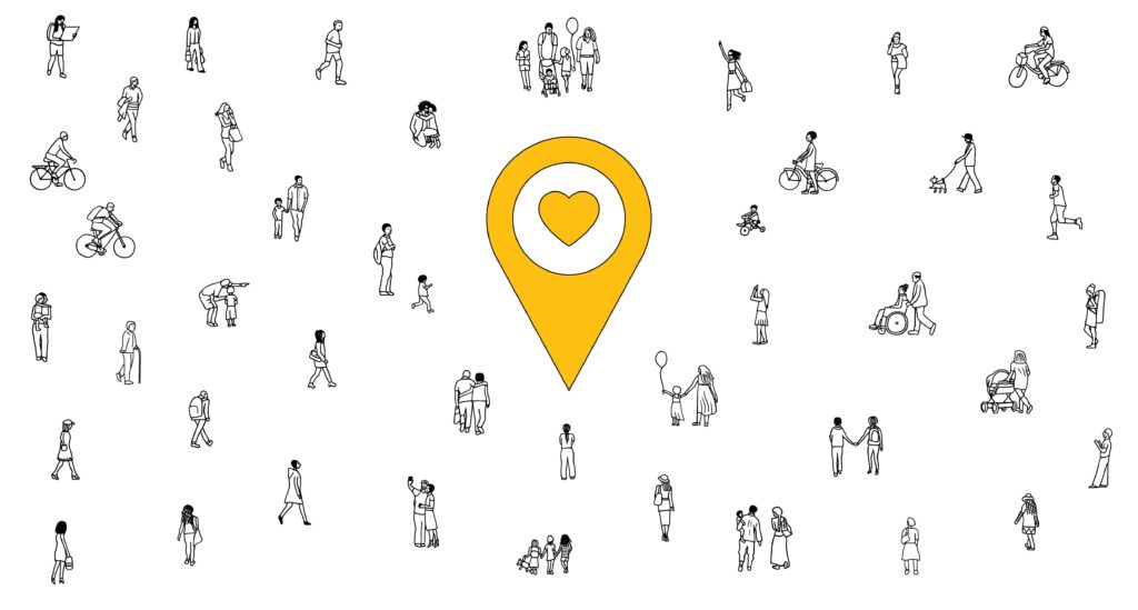 Drawing of people from all walks of life surrounding a yellow 'you are here' pin with a heart in it