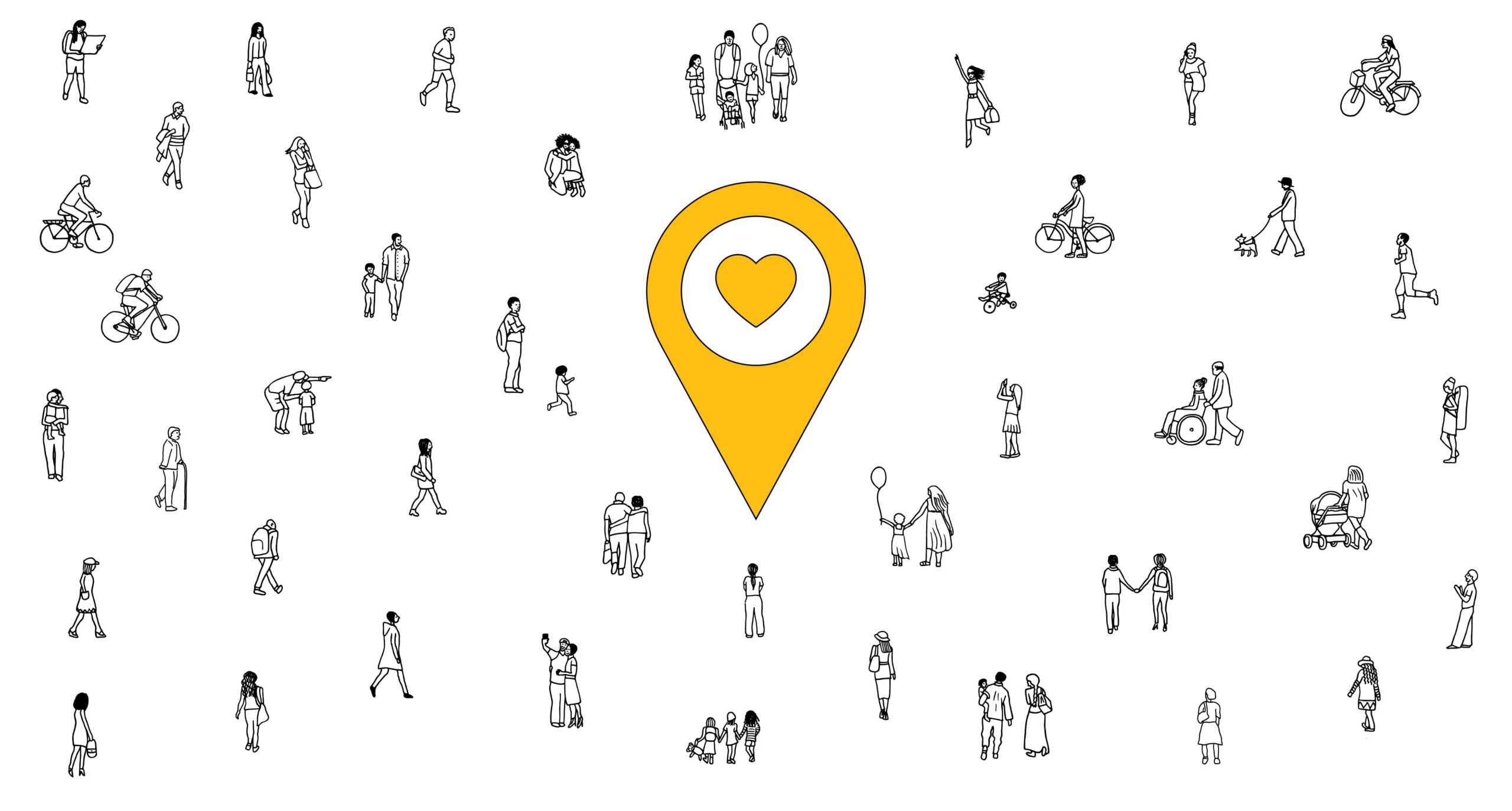 Drawing of people from all walks of life surrounding a yellow 'you are here' pin with a heart in it